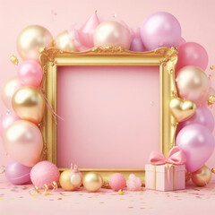 Naklejka na ściany i meble Birthday pink golden frame with pastel balloons on pink background. ai generative