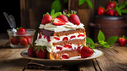 homemade cake with strawberries on the wooden table