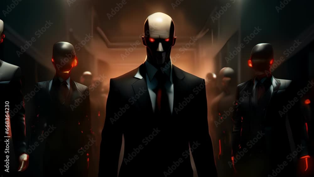 Poster portrait of an android leading a group of rebellious robots, their glowing eyes fixed on the destruc