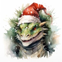 Green dragon in a red Santa Claus hat. Mythical fantasy animal. Symbol of the new year 2024.
