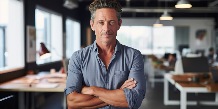 Portrait of a graphic designer with dark hair, 40 years old, in a nice modern office space in the background