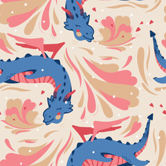 Seamless pattern with cute dragon. Dragon releasing fire in the shape of hearts, blue rosa, beige.