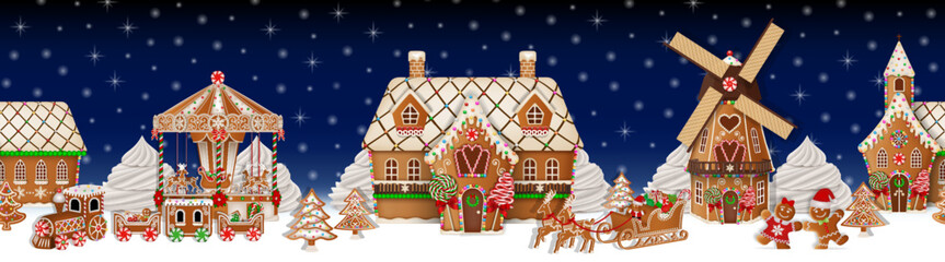 seamless gingerbread landscape. christmas seamless border with candies and cookies - obrazy, fototapety, plakaty