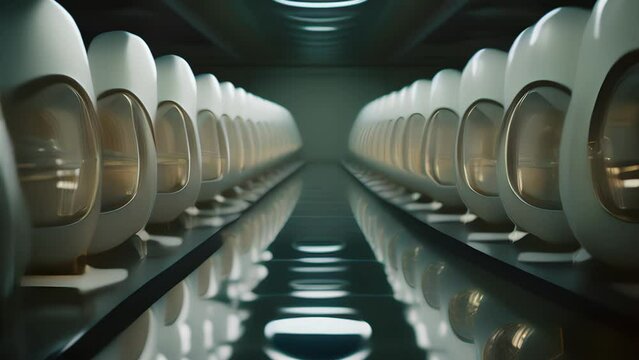 Scifi scene of a cloning facility, with rows of identical clones in pods, highlighting the controversial reality of creating life for the sole purpose of serving others.