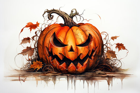  Halloween pumpkin painted with watercolors. Jack of the Lantern. White background.