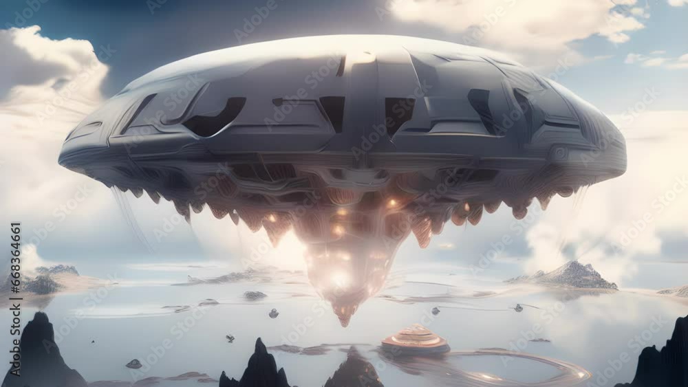Aufkleber scifi scene of a futuristic temple, floating in the sky above a planet. the temple is shaped like a 