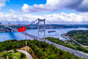 Istanbul, Turkey. Beautiful Istanbul bosphorus landscape. View of Fatih Sultan Mehmet Bridge. - obrazy, fototapety, plakaty