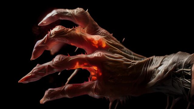 Closeup of a hybrids hand, with one humanlike finger and one with sharp, alien claws, representing the physical manifestation of their inner turmoil.