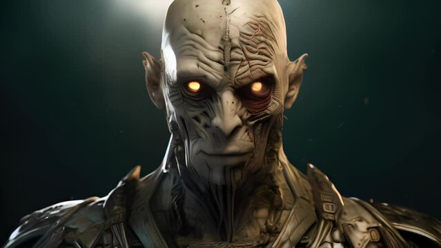 Portrait of a battlescarred Alien Warlord, its powerful physique adorned with scars and markings from countless battles. Its piercing gaze shows the toll of leading an army into war, but