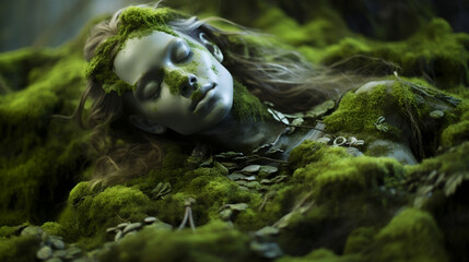 Surreal depiction of a woman's face seamlessly blended with verdant green moss. Nature's Embrace. Peaceful, closed eyes imply a deep sense of tranquility and long-lasting slumber. Generative AI