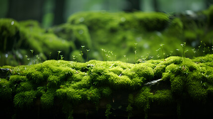 Close-up view of lush green moss thriving on what appears to be a wet, possibly wooden, surface. Growth concept, green, nature. - obrazy, fototapety, plakaty