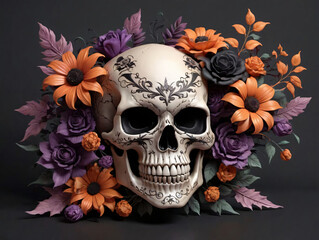 A Skull With Flowers And Leaves On It