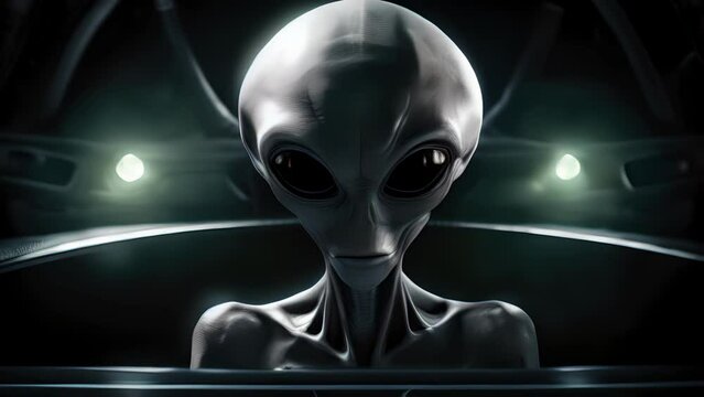 Portrait of an extraterrestrial humanoid, sitting at the controls of a sleek, silver UFO. Its large, black eyes survey the stars as it navigates through the vastness of space.