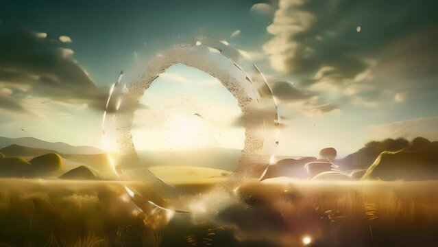 Scifi scene portraying a crop circle in the shape of a DNA strand, hinting at the possibility of extraterrestrial involvement in human evolution and the creation of life on Earth.