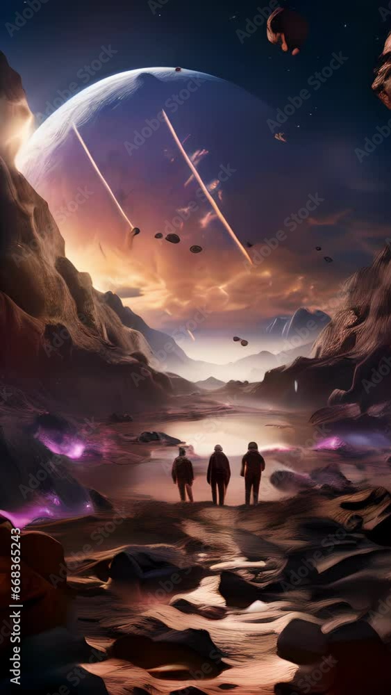 Aufkleber scifi scene of a team of explorers using molecular assemblers to terraform a barren planet, transfor