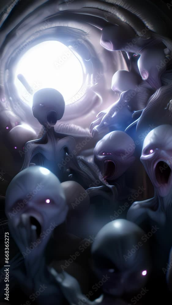 Aufkleber scifi scene showing a group of alien beings emerging from a wormhole onto earth, their advanced tech