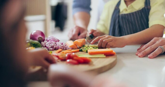 Hands, cutting and vegetables for food in kitchen with help, support and learning or development in home. People, children and preparing, cooking and healthy dinner for nutrition or health with knife