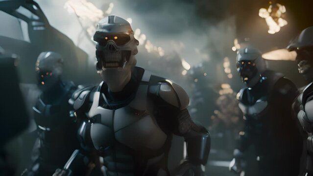 Scifi scene of a futuristic battle between humans and alien invaders, with both sides equipped with powerful exoskeleton suits. The intense combat highlights the suits capabilities, with