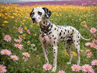 A Dal Dog Standing In A Field Of Flowers