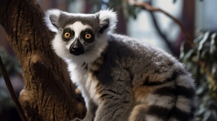 Ring-tailed lemur (Lemur catta) in a zoo. Wildlife concept with a copy space.