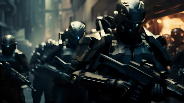 A group of elite soldiers, outfitted with advanced exosuits and armed with futuristic weapons, defending a futuristic city from a swarm of small asteroids that have breached the protective