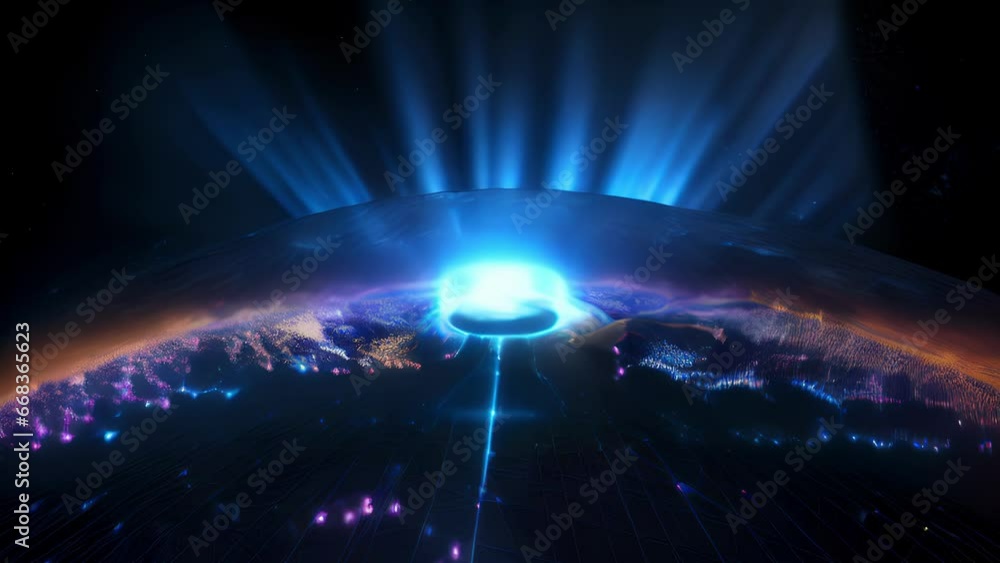 Aufkleber quantum geomapping a 3d map of the earth, lit up with thousands of data points representing quantume