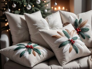 Christmas Pillows On A Couch With A Christmas Tree In The Background