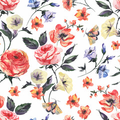Vintage floral seamless pattern. Blooming dark flowers, Victorian wildflowers