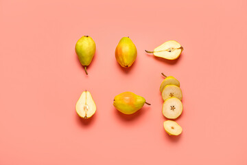 Fresh pears on red background