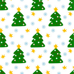 New Year Vector flat Seamless pattern  with Christmas trees, stars and   snowflakes on a white background. Texture for wrapping paper, fabrics, decor.