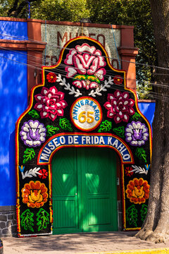 The front door of the museum of Frida Kahlo at CDMX. Photo made in Mexico City, MX in 21 Oct 2023.