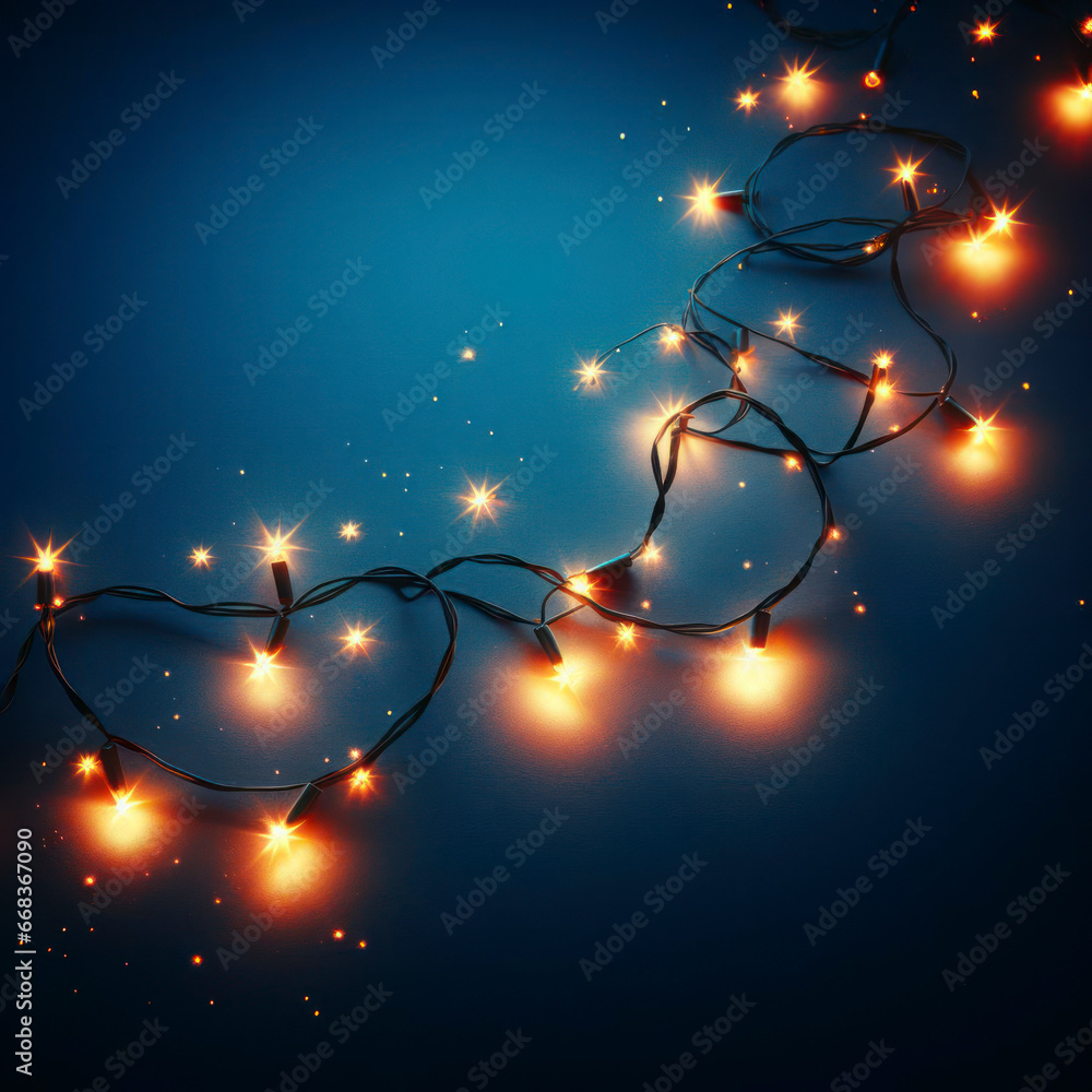 Poster christmas lights string on blue background with copy space 2024. ai generative