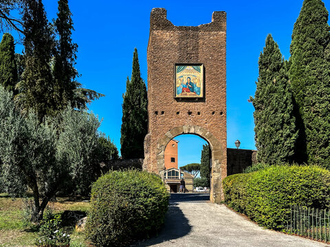 Sanctuary of Our Lady of Love in Rome, Italy, image-mosaic of Mary, Our Lady of Love on the entrance gate. Inscription: Mother of Divine Love