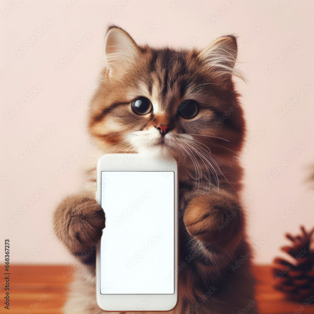Aufkleber funny cat holds a smartphone in its paw and shows a mock-up white display. ai generative