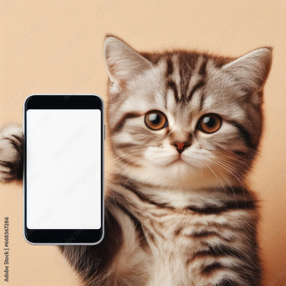 Poster funny cat holds a smartphone in its paw and shows a mock-up white display. ai generative