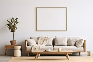 Modern living room interior with white sofa, coffee table and mock up poster frame.