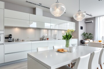 interior of modern kitchen with white furniture and dining area, nobody inside