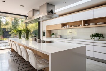Fototapeta premium interior of modern kitchen with white furniture and dining area, nobody inside