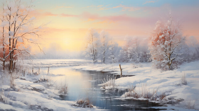 Beautiful landscape, art painting, frozen winter