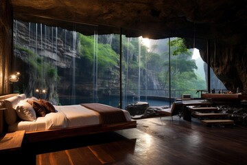 Obraz na płótnie Canvas Wooden bed in the cave with a view of waterfall. Interior of a hotel room with a beautiful view of the jungle