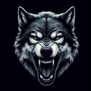 wolf action face is angry on black background. ai generative