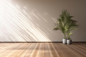 interior with plant, white wall, wooden floor. Empty room with wooden floor and plant.