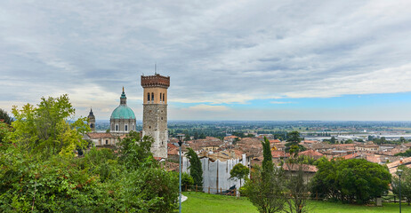 Fototapeta na wymiar Panoramic view of Lonato del Garda, the Cathedral and the city tower (Torre civica). 