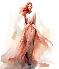 Beautiful fashionable young red head woman in evening dress, fashion sketch illustration style
