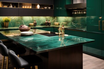 Modern luxury kitchen interior design with green marble countertop, sink and island