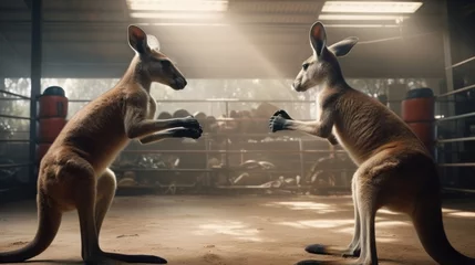 Wandcirkels plexiglas Two kangaroos fighting in a cage at the zoo. Sport concept with a copy space. © John Martin