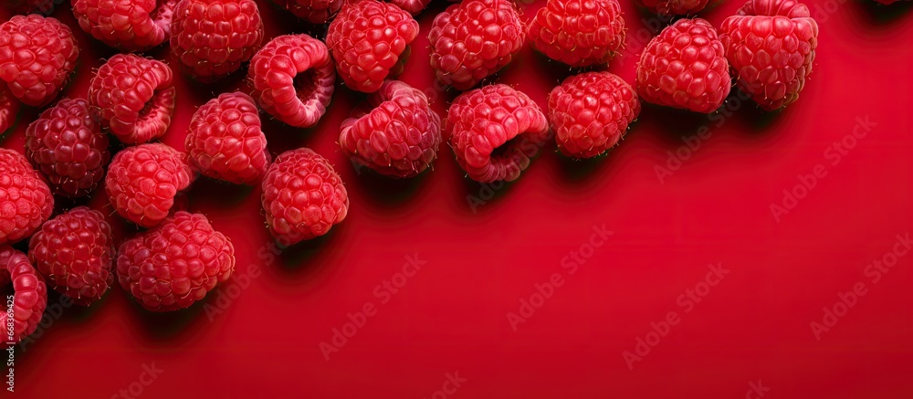 Poster minimalistic monochrome top view of a fruit pattern featuring slices of fresh raspberries on a red b