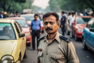 Indian man working as police officer or cop, closeup portrait, blurred city background. Generative AI