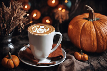 halloween holiday, home decoration with latte and pumpkins, still life, cozy, festive background with lights