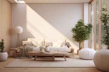 Interior of modern living room with sofa, bookshelf, wooden furniture and green plants.